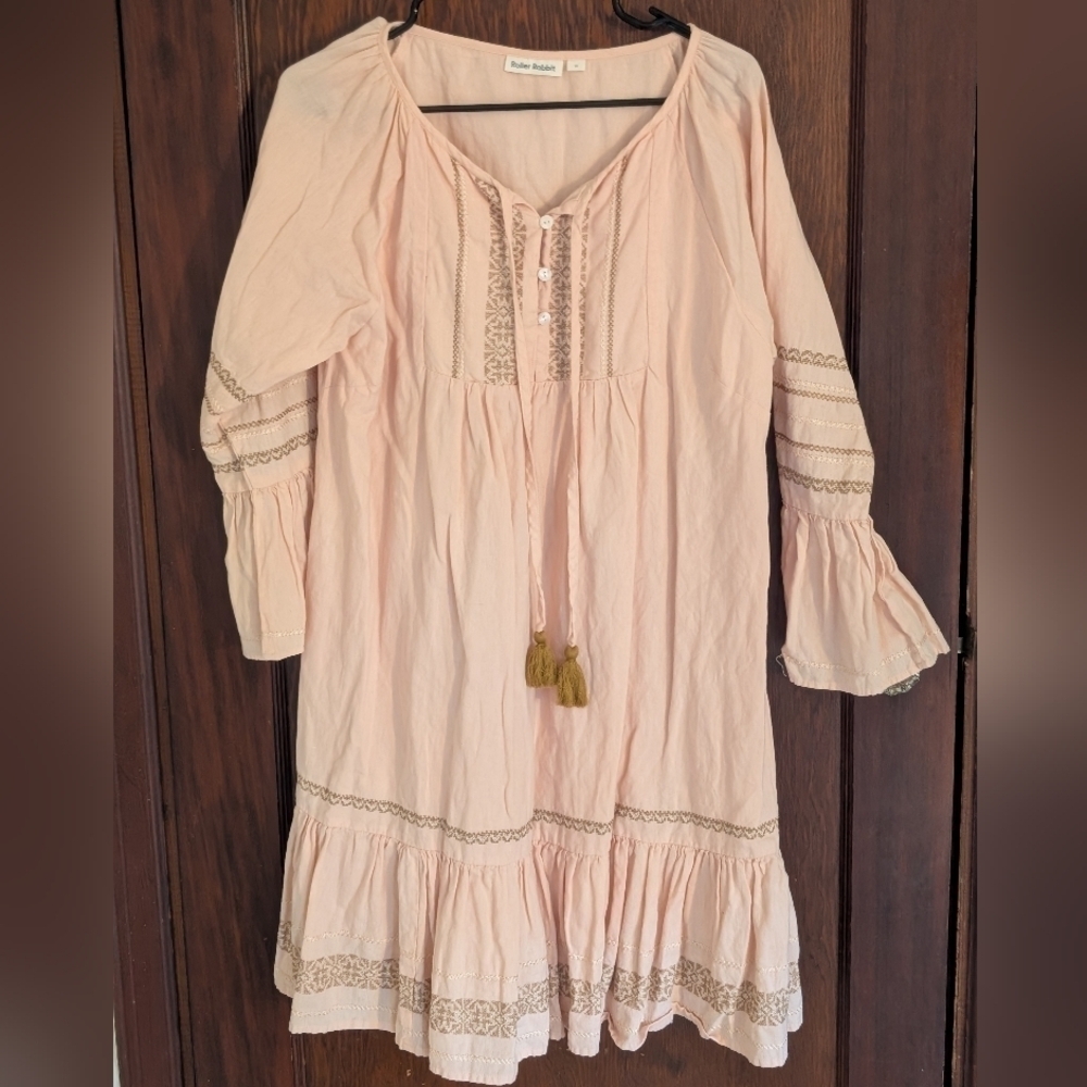 Roller Rabbit Scoop Neck Dress w/ 3/4 Sleeves. Size Medium Light Pink Boho